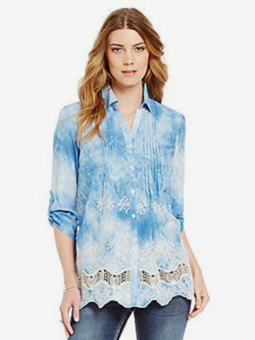 Reba Embellished Tie Dyed Button Front Peasant Top M